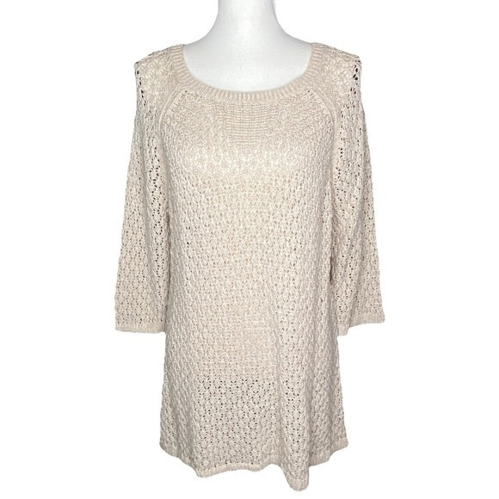 Relativity Sweater Dress Oatmeal Sheer Open Knit Three Quarter Sleeve Size‎ 1X